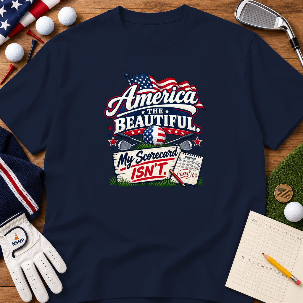 Navy blue t-shirt featuring a golf-themed graphic with patriotic American flag elements and text.