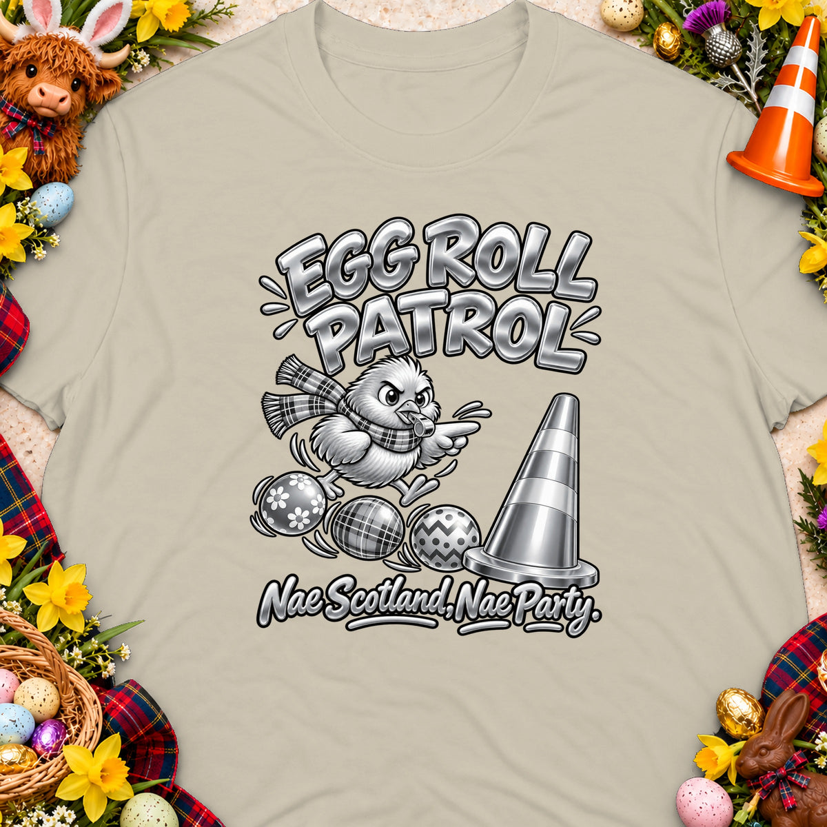 "Egg Roll Patrol" text with a chick and Easter eggs, "Nae Scotland, Nae Party."