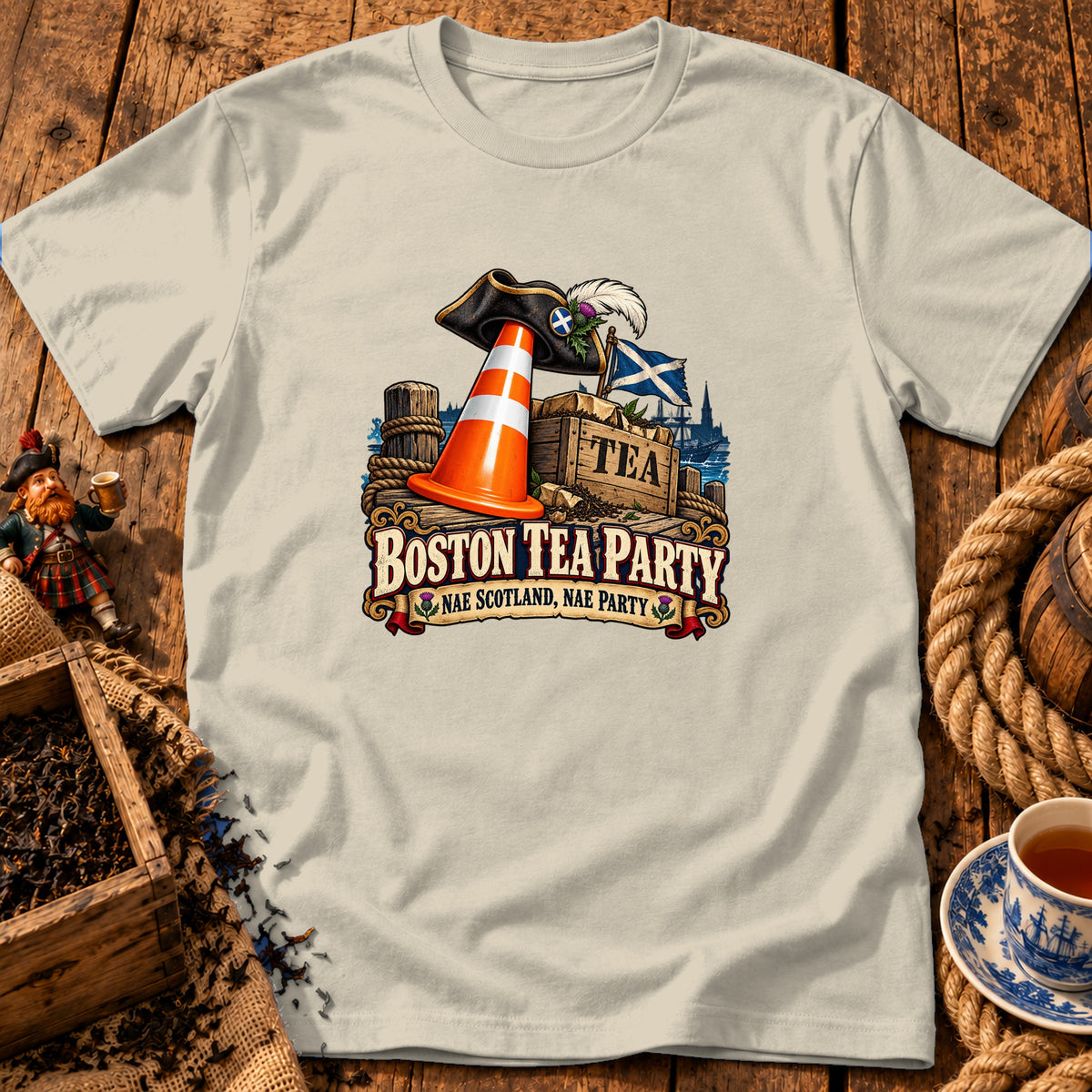 Off-white crewneck t-shirt featuring a colorful graphic of a traffic cone wearing a pirate hat, with text reading BOSTON TEA PARTY NAE SCOTLAND, NAE PARTY.