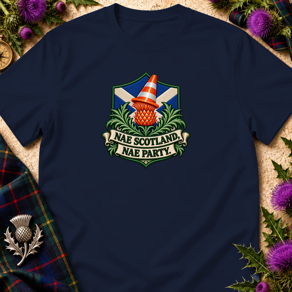 Dark blue t-shirt featuring a crest with a thistle wearing a traffic cone, surrounded by thistle leaves, a Scottish flag, and the text Nae Scotland, Nae Party.