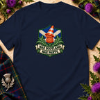 Dark blue t-shirt featuring a crest with a thistle wearing a traffic cone, surrounded by thistle leaves, a Scottish flag, and the text Nae Scotland, Nae Party.