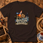 A dark brown t-shirt featuring a Boston Tea Party graphic with a Scottish theme.