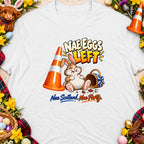 T-shirt with cartoon rabbit, traffic cone, and text "Nae Eggs Left".