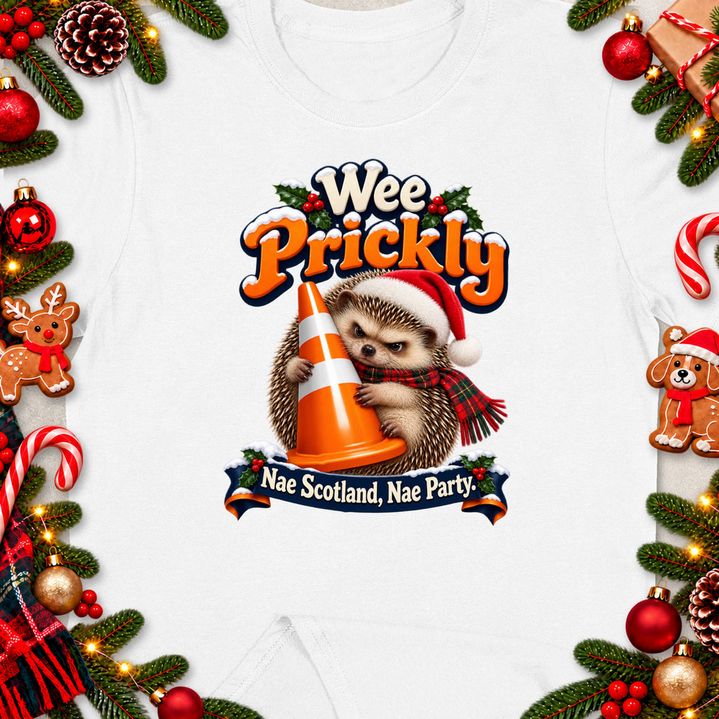 Hedgehog wearing Santa hat and scarf holding traffic cone, with text "Wee Prickly" and "Nae Scotland, Nae Party."