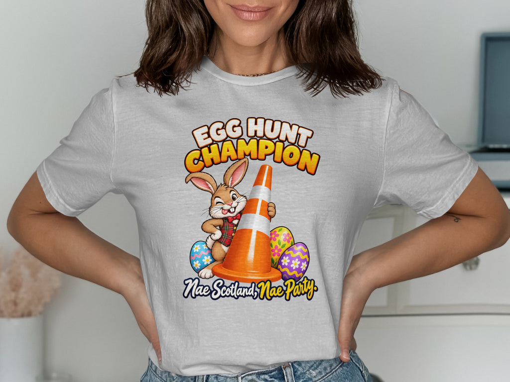 Bunny in tartan shirt with traffic cone and Easter eggs, text Egg Hunt Champion.