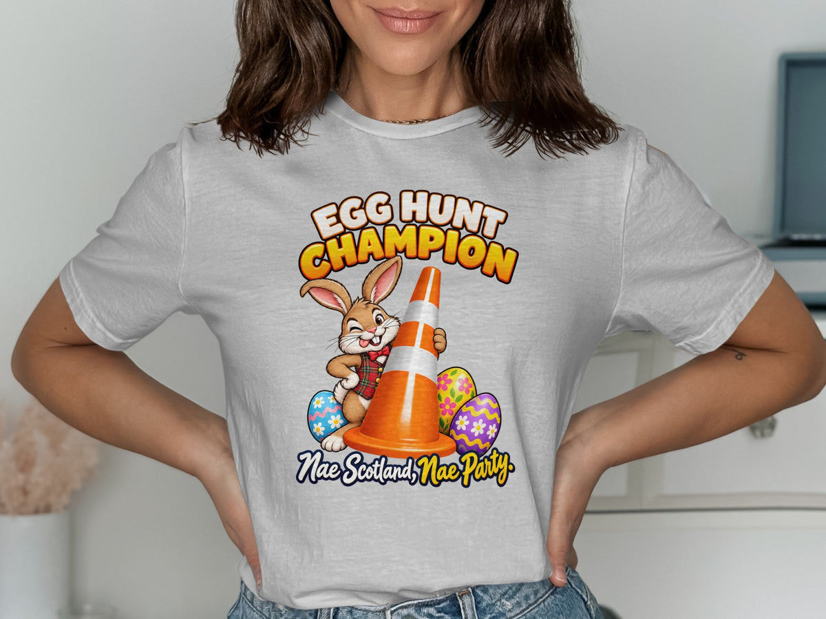 Bunny in tartan shirt with traffic cone and Easter eggs, text Egg Hunt Champion.
