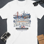 White t-shirt with "Nae Scotland Nae Party San Francisco Edition" text and skyline.