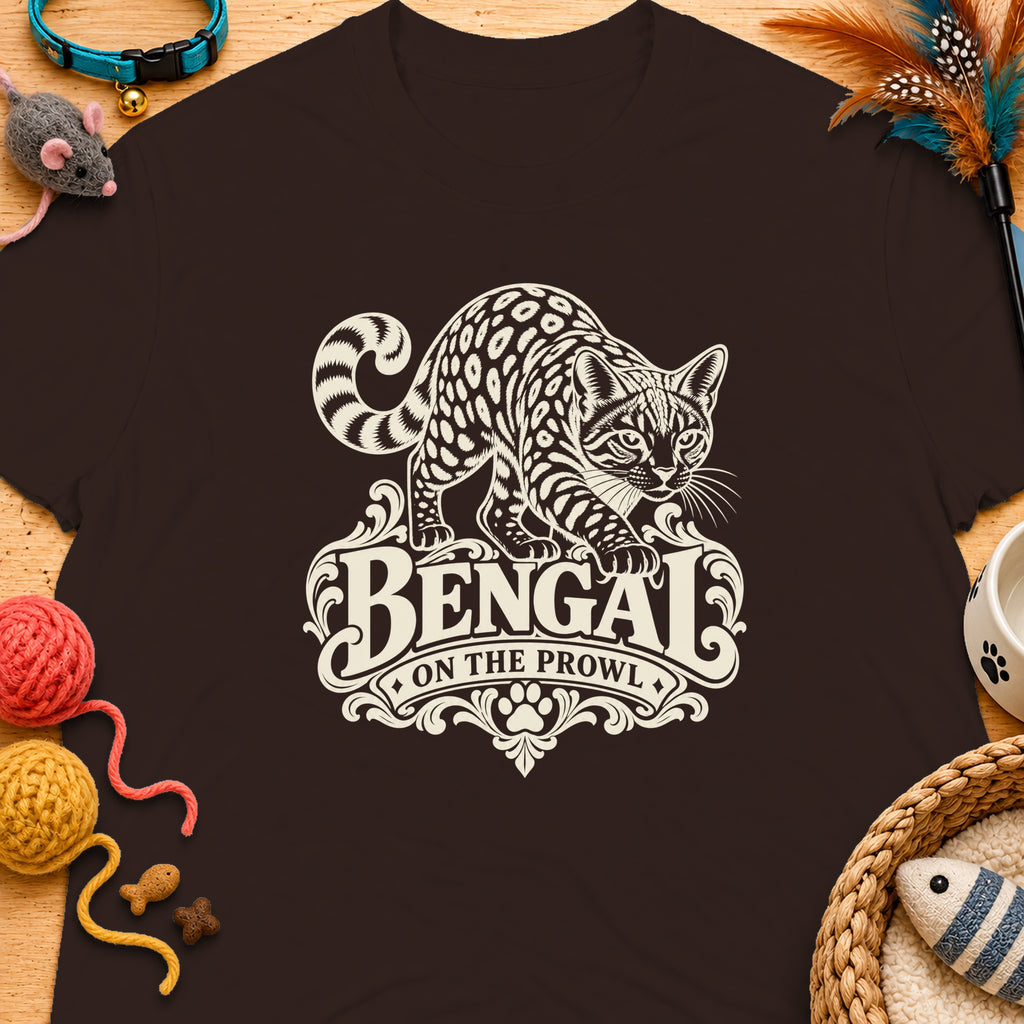 Dark brown t-shirt with a stylized Bengal cat graphic and text "BENGAL ON THE PROWL".