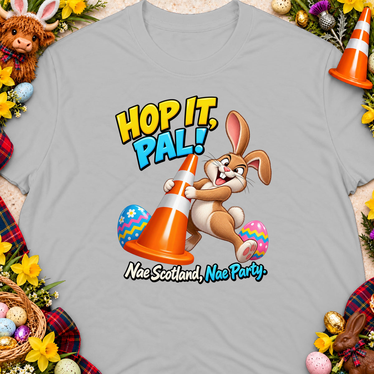 Cartoon rabbit with traffic cone and Easter eggs, "Hop It, Pal!" and "Nae Scotland, Nae Party." text.