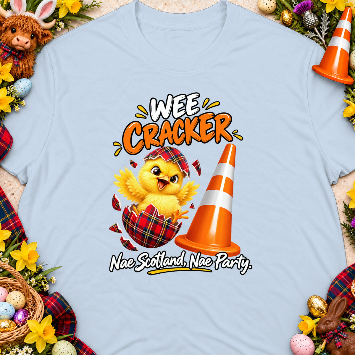 Chick hatching from a tartan egg, "Wee Cracker" text, and traffic cone.
