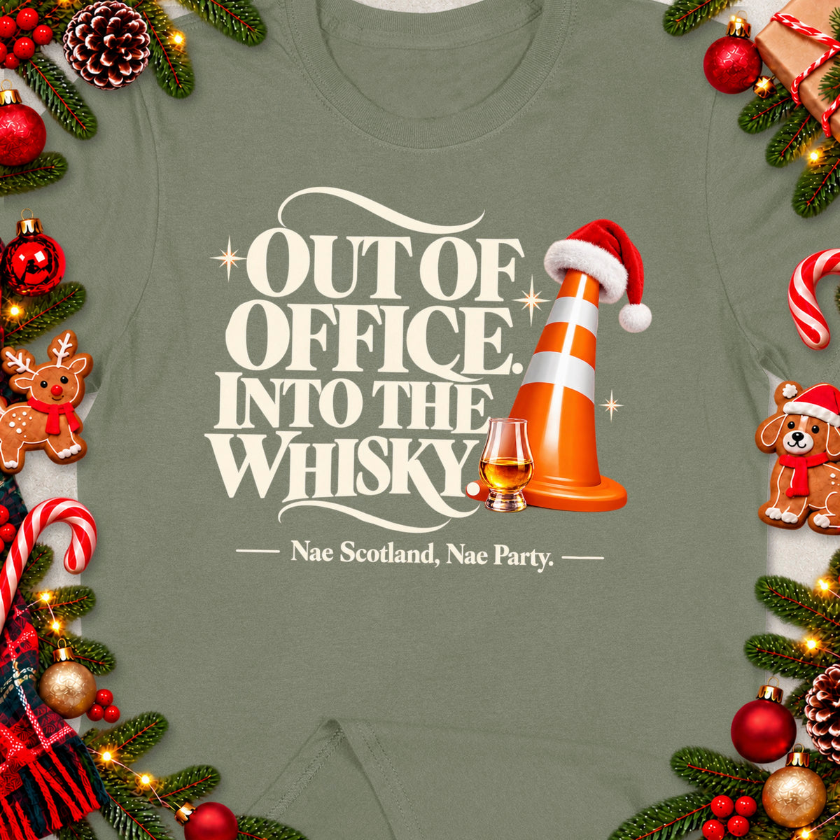 Green t-shirt with "Out of Office. Into the Whisky." text and festive decorations.