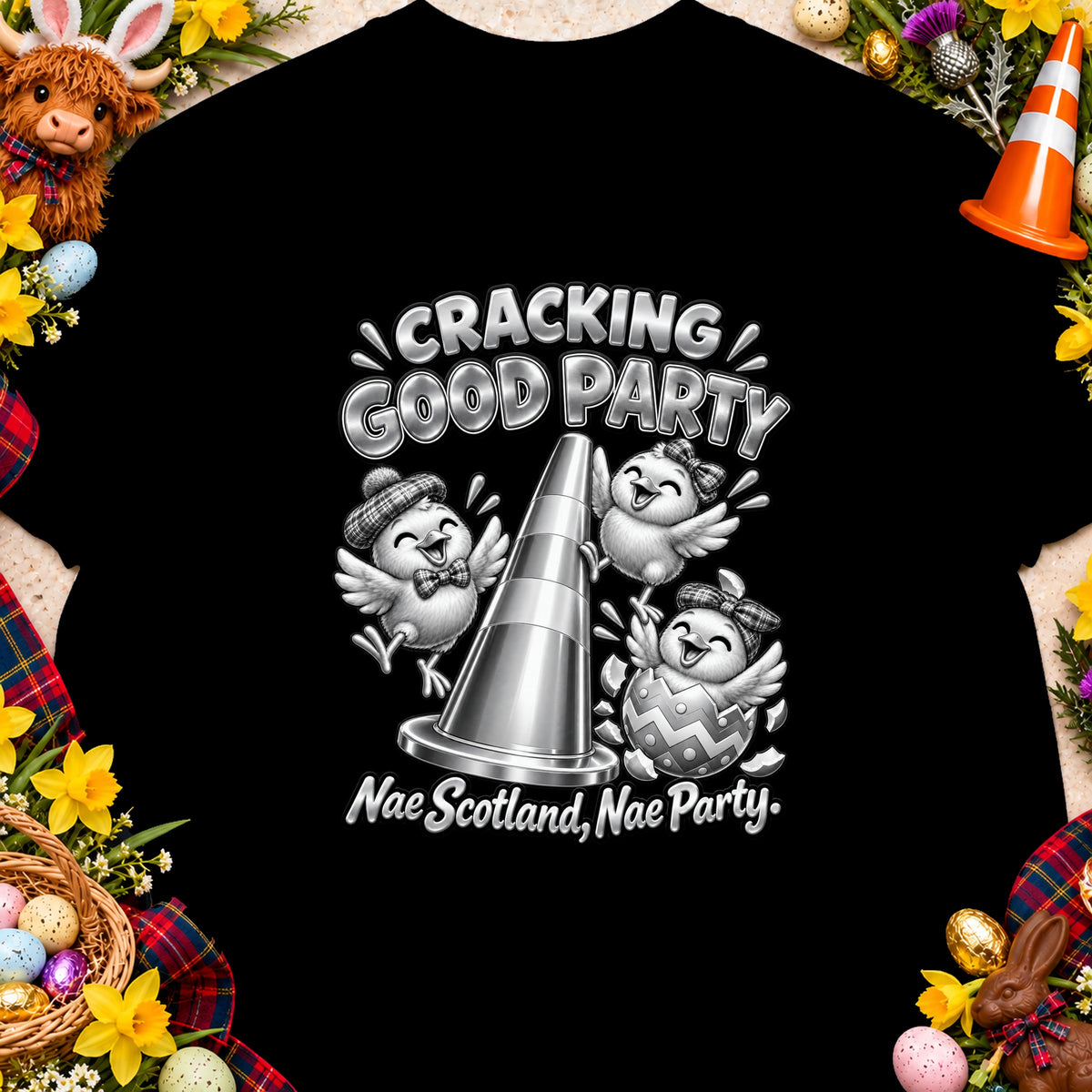 Three cartoon chicks celebrate with a traffic cone and text "Cracking Good Party Nae Scotland, Nae Party."
