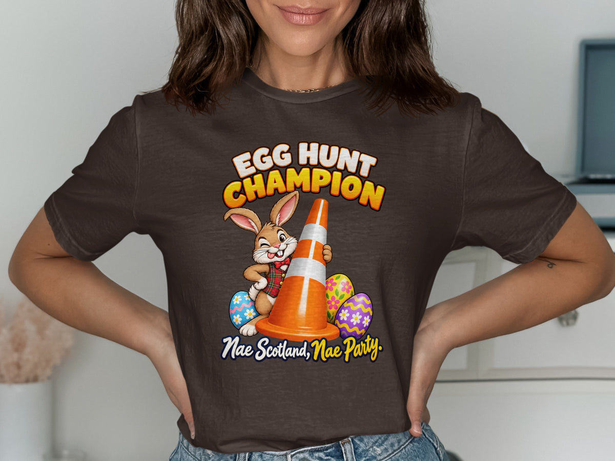 Easter bunny with traffic cone and eggs, "Egg Hunt Champion" text.