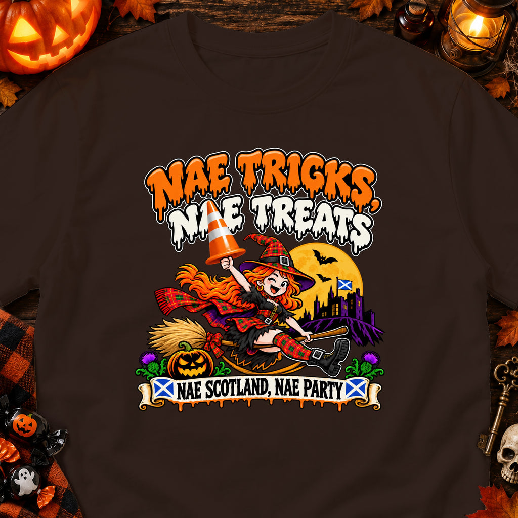 Witch on broom with text "Nae Tricks Nae Treats Nae Scotland Nae Party."
