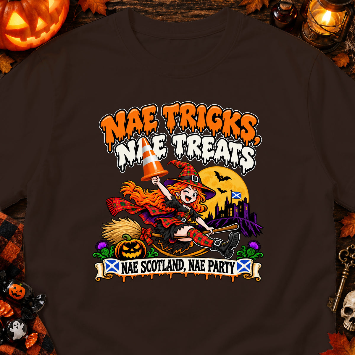 Witch on broom with text "Nae Tricks Nae Treats Nae Scotland Nae Party."