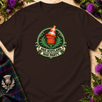 A dark brown t-shirt featuring a thistle wearing a traffic cone with the text "Nae Scotland, Nae Party."