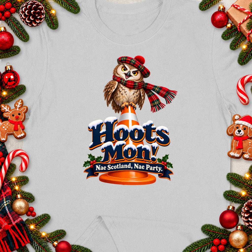 Owl in tartan hat and scarf on cone with text "Hoots Mon! Nae Scotland, Nae Party."