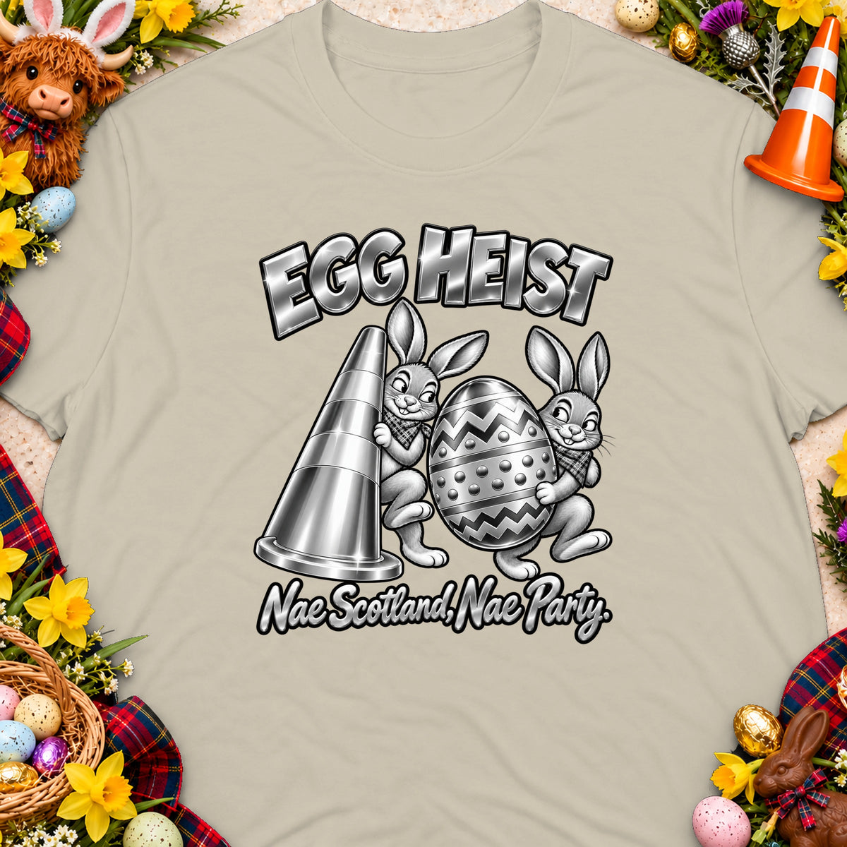 Two cartoon bunnies stealing an Easter egg, with "Egg Heist" and "Nae Scotland, Nae Party" text.