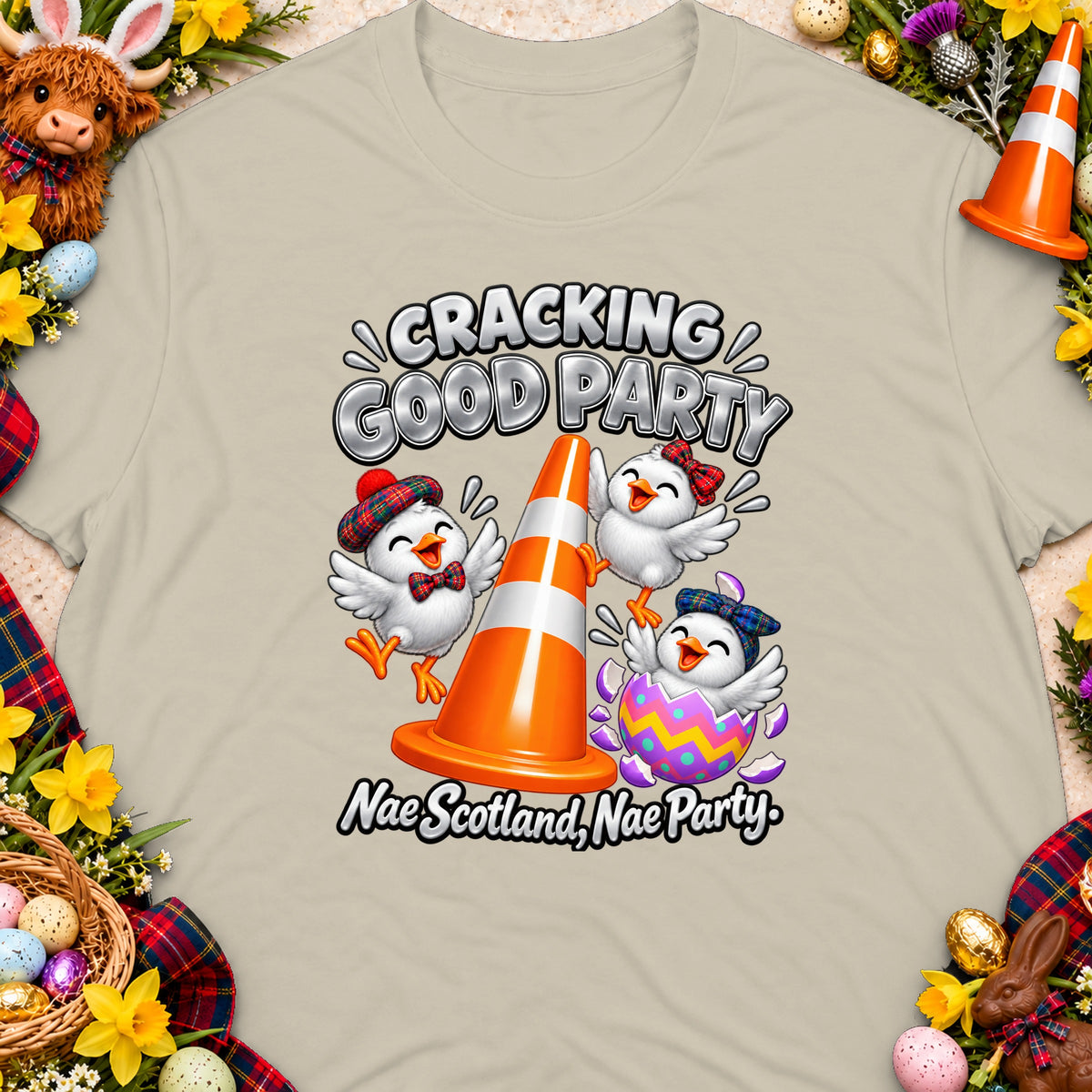 Three cartoon chicks surround an orange traffic cone with text "Cracking Good Party".
