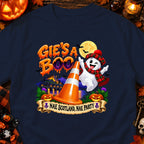 Ghost with tartan scarf and hat, traffic cone, castle, pumpkins, text "GIE'S A BOO" and "NAE SCOTLAND, NAE PARTY".