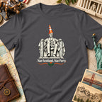 Dark gray t-shirt featuring a graphic of Abraham Lincoln wearing a traffic cone with the text Nae Scotland, Nae Party.