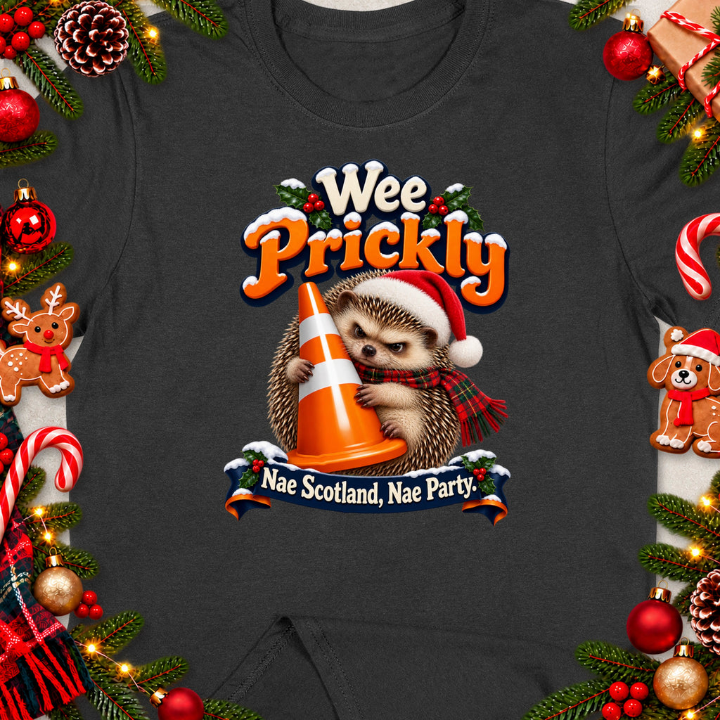 Hedgehog wearing Santa hat holding traffic cone, text "Wee Prickly Nae Scotland, Nae Party."