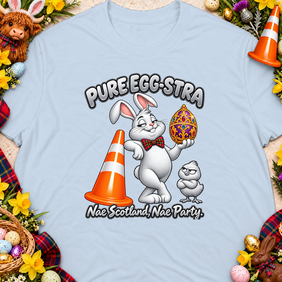 White Easter bunny with ornate egg, orange cone, and chick text "Pure Egg-stra Nae Scotland, Nae Party."