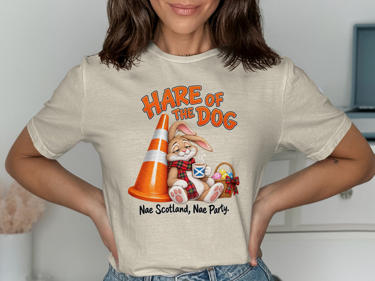 Hare of the Dog graphic with a rabbit, traffic cone, Easter basket, and Scottish text.