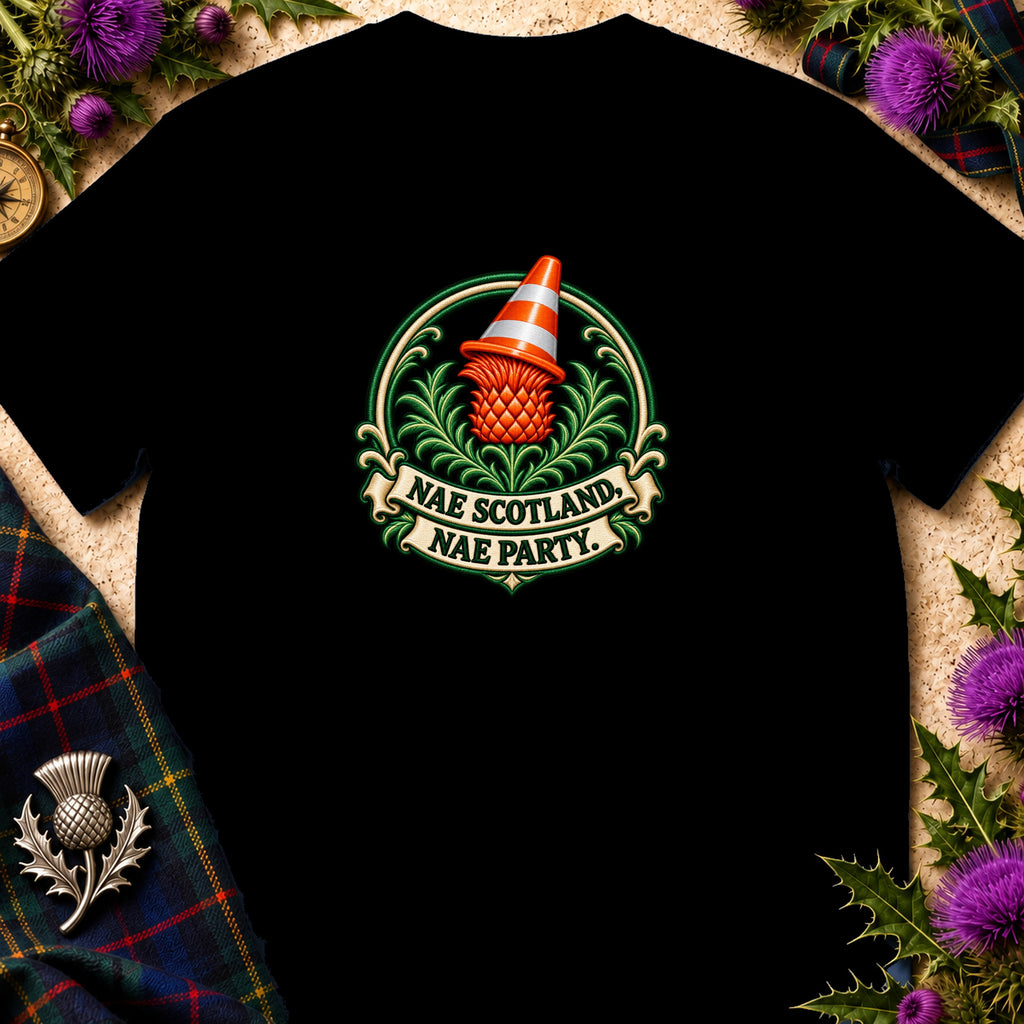 A black t-shirt features a circular crest centered on the chest, displaying a pineapple wearing a traffic cone, surrounded by green foliage and a banner reading NAE SCOTLAND, NAE PARTY.