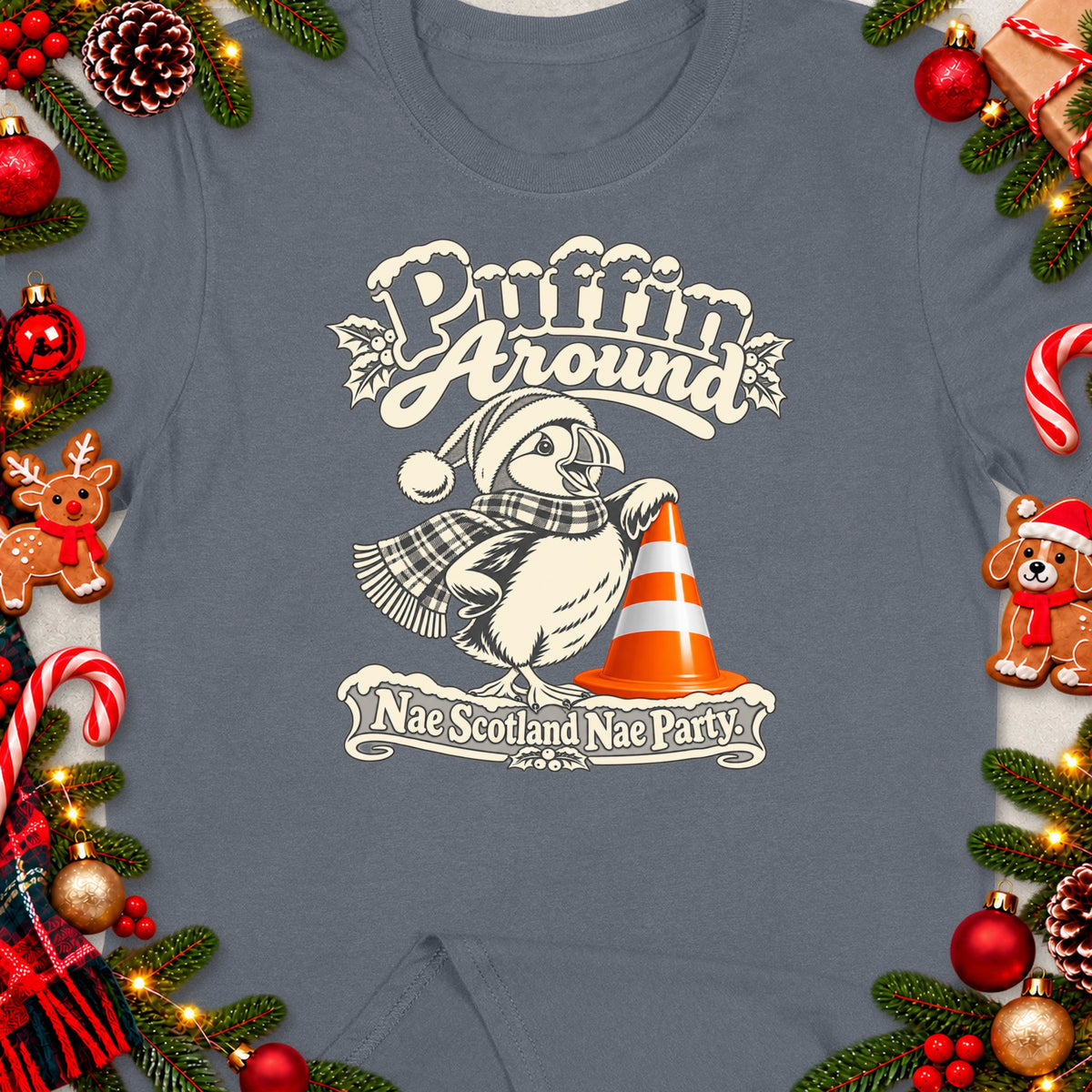 Puffin wearing a Santa hat and scarf, with text "Puffin Around Nae Scotland Nae Party".