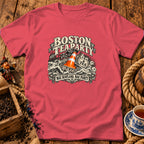 Red t-shirt featuring a Boston Tea Party graphic with a traffic cone on a ship.