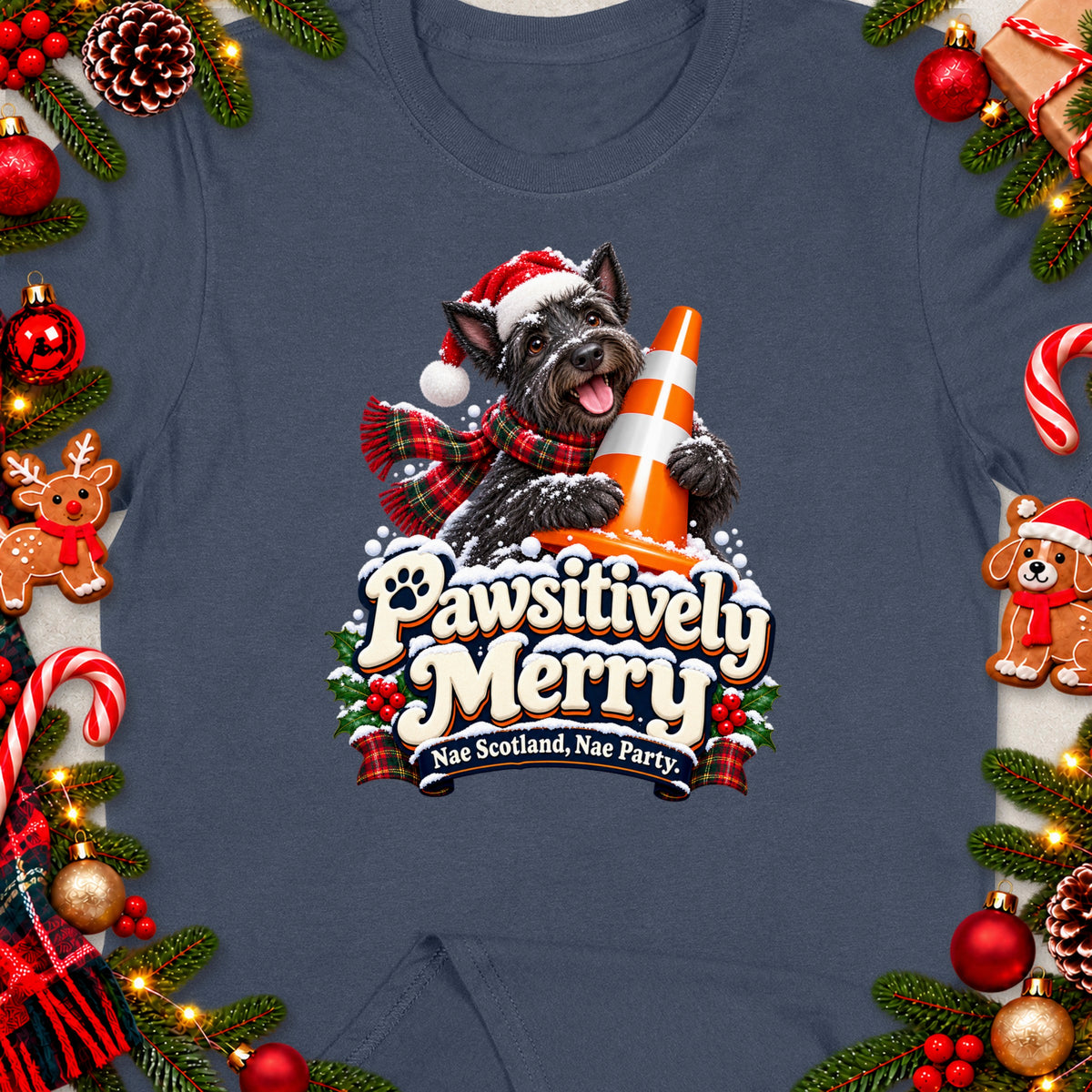 Scottie dog in Santa hat hugs traffic cone, "Pawsitively Merry" text.