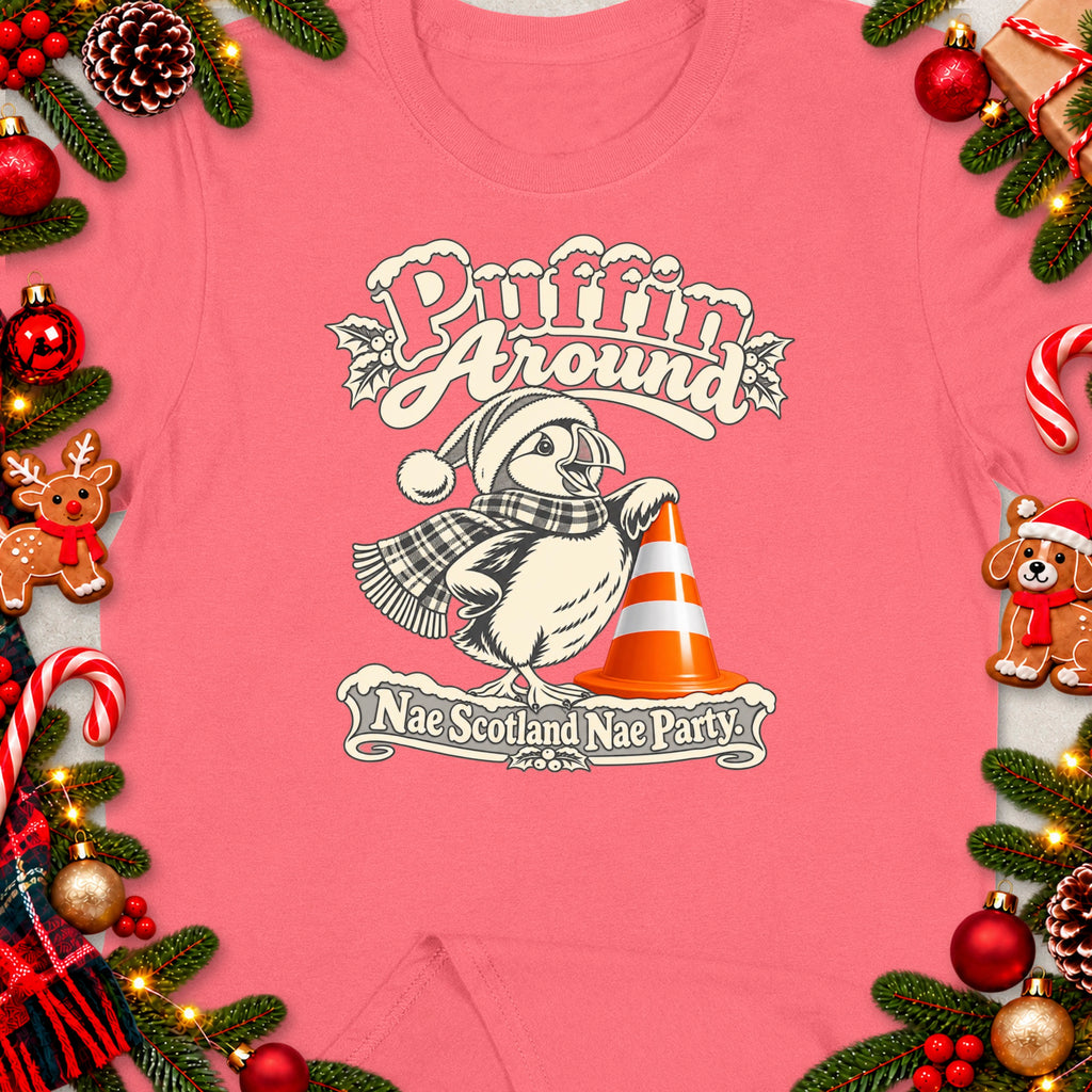 Puffin Around graphic with a puffin in a Santa hat holding a traffic cone.