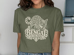 Olive green t-shirt featuring a vintage Bengal cat graphic with the text "Bengal On The Prowl."