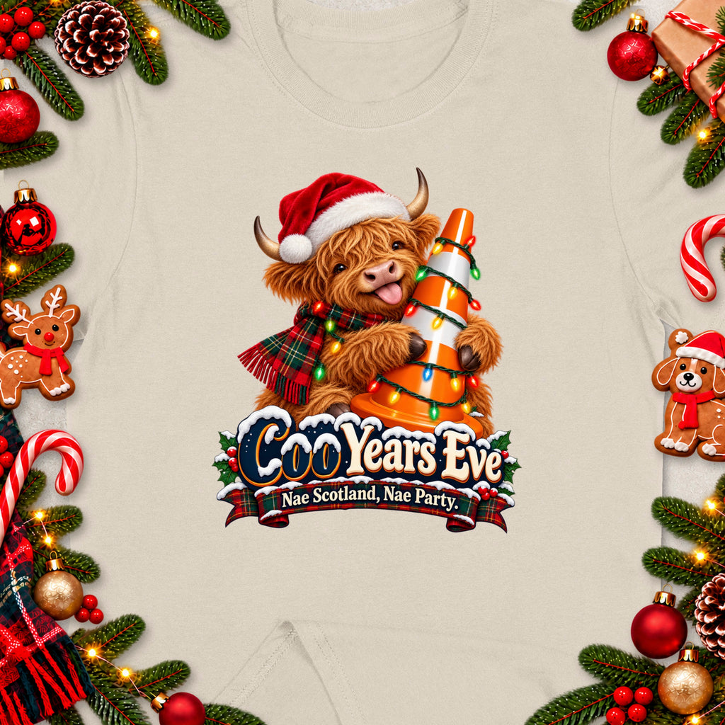 Highland cow in Santa hat with Christmas lights on a cone, "Coo Years Eve" text.