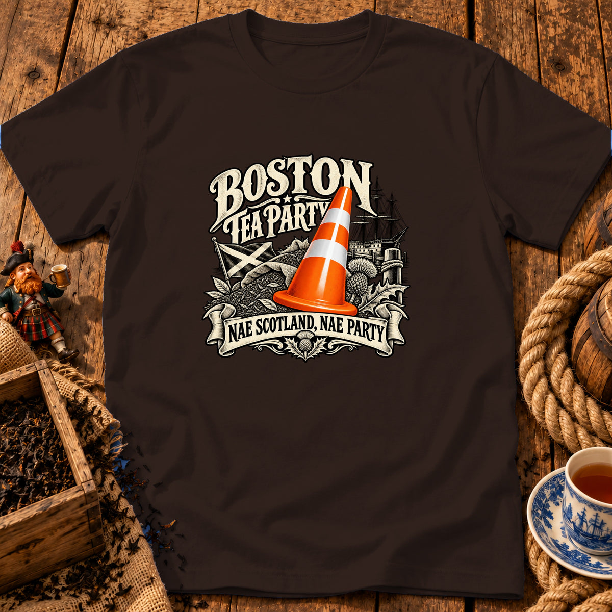 A brown t-shirt featuring a humorous graphic with an orange traffic cone, ship, and text reading Boston Tea Party.