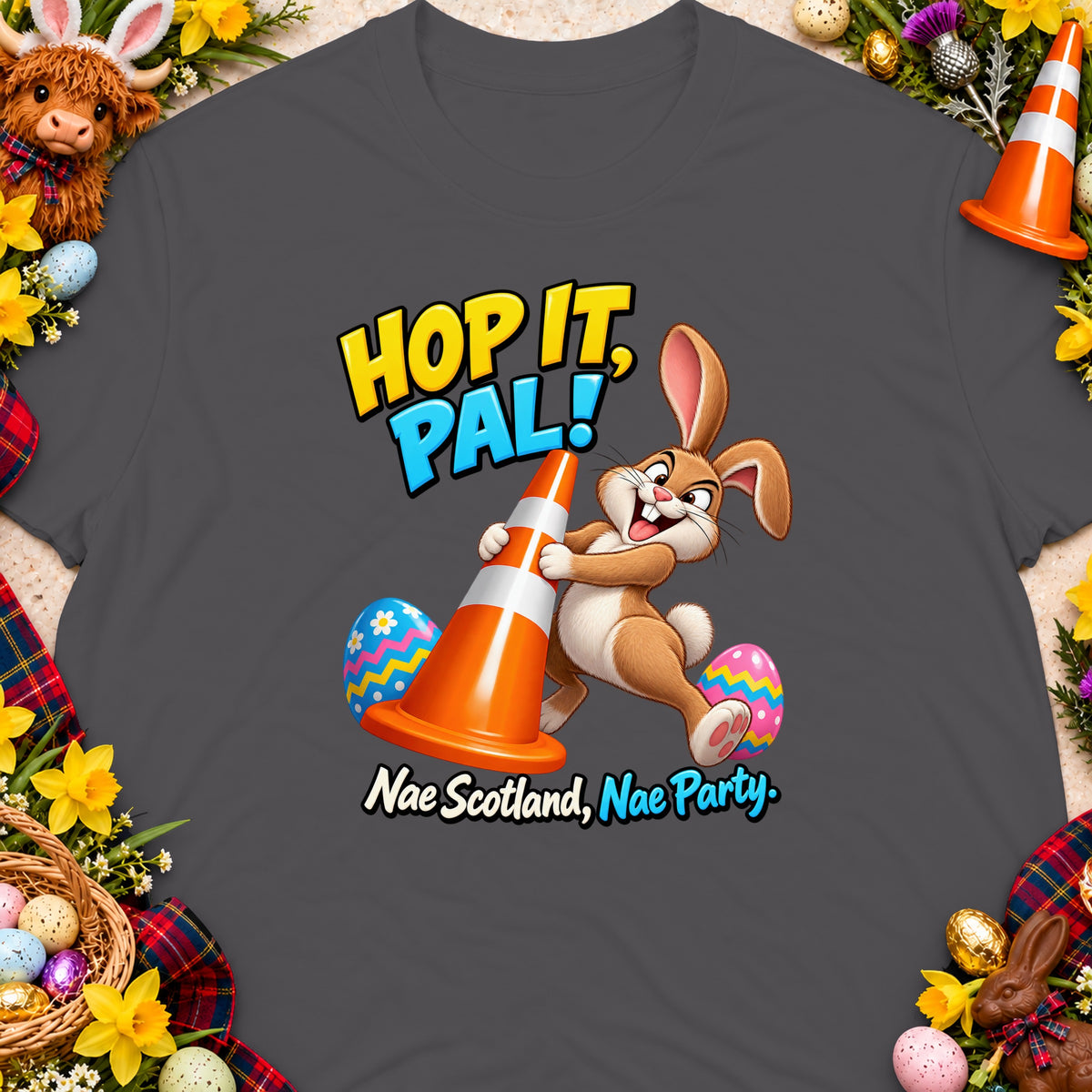 Cartoon rabbit holding orange traffic cone with text "Hop it, pal!" and "Nae Scotland, Nae Party."