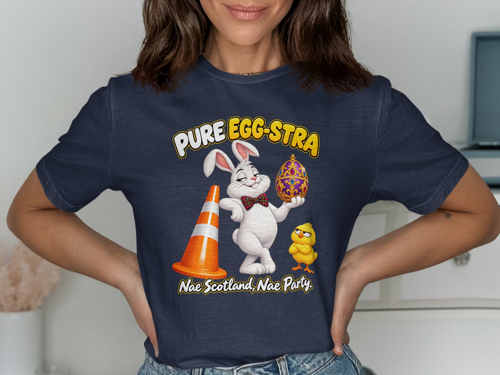 White bunny with a traffic cone, ornate egg, and chick, with text "PURE EGG-STRA Nae Scotland, Nae Party."