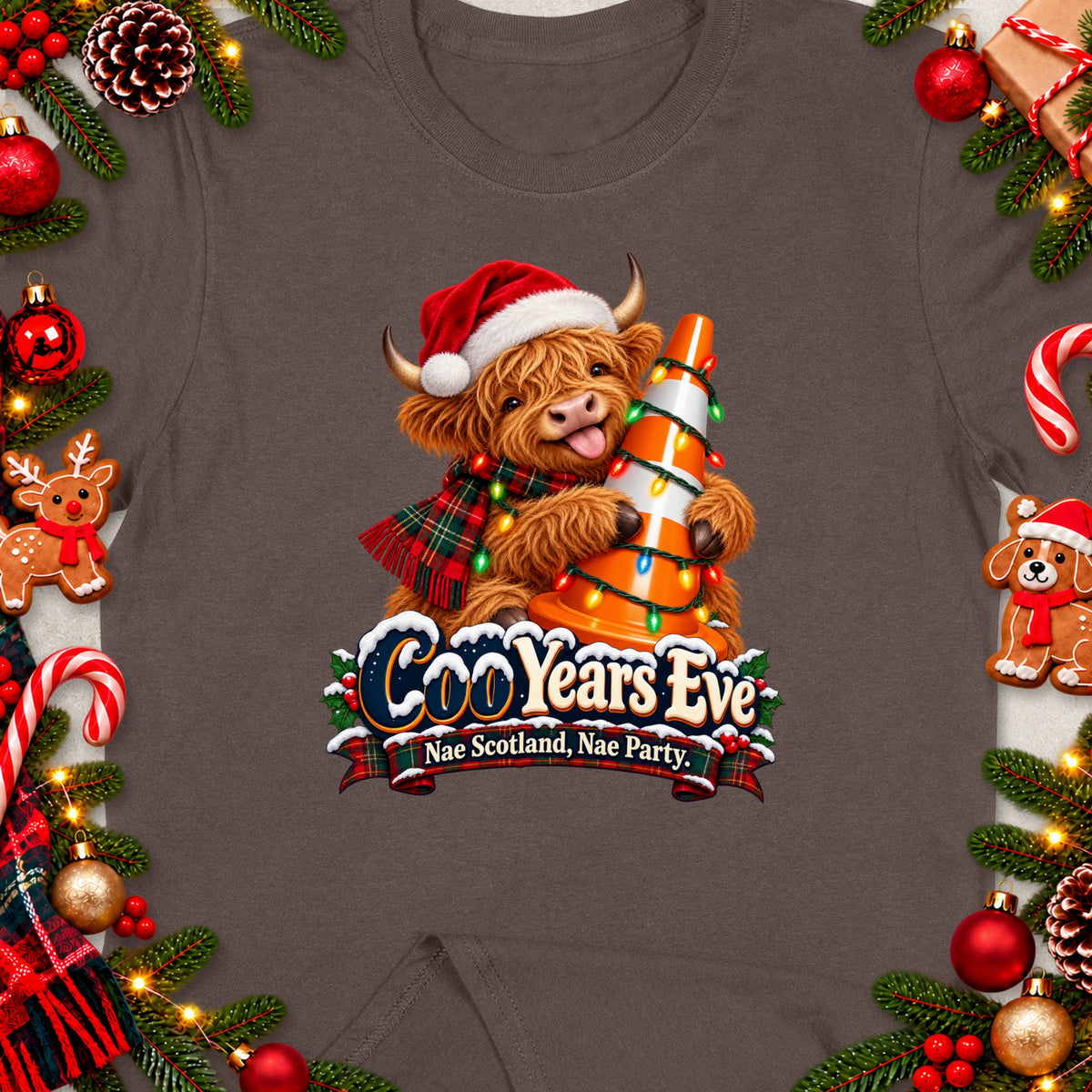 Highland cow in Santa hat with Christmas lights and traffic cone graphic.