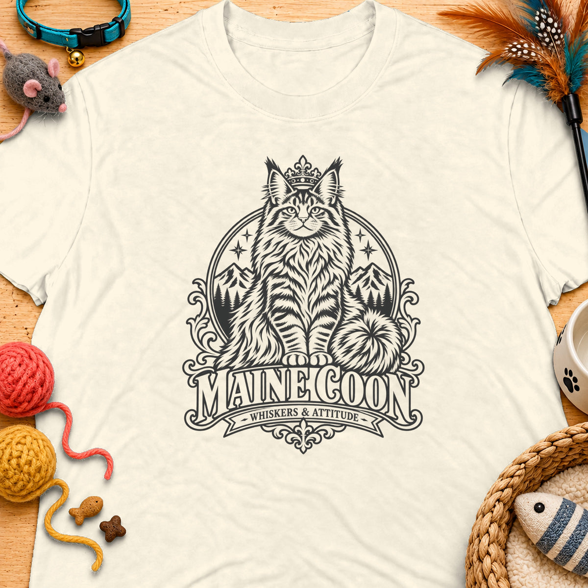 Cream t-shirt with a black graphic of a crowned Maine Coon cat, mountains, and text.