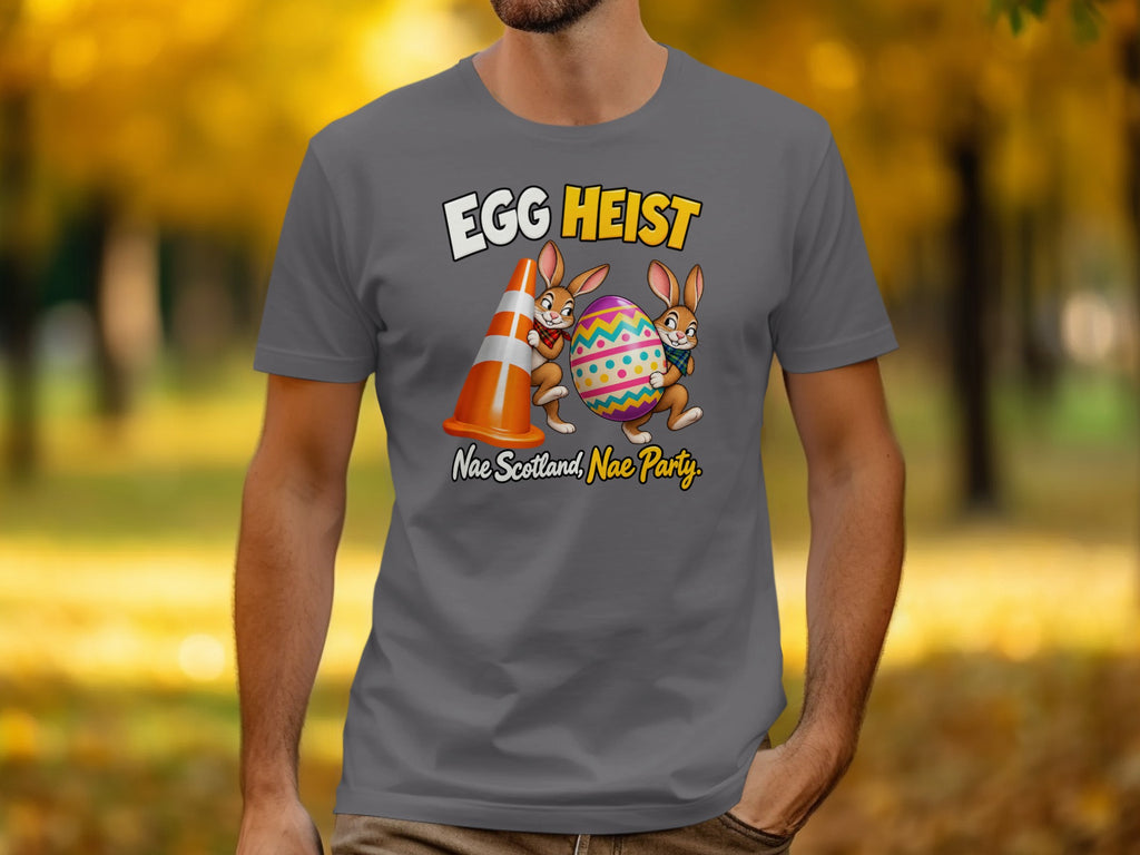 Gray t-shirt with "Egg Heist" and rabbits with an egg and cone.