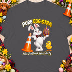 Easter bunny with ornate egg, chick, and cone. Text: "PURE EGG-STRA Nae Scotland, Nae Party."