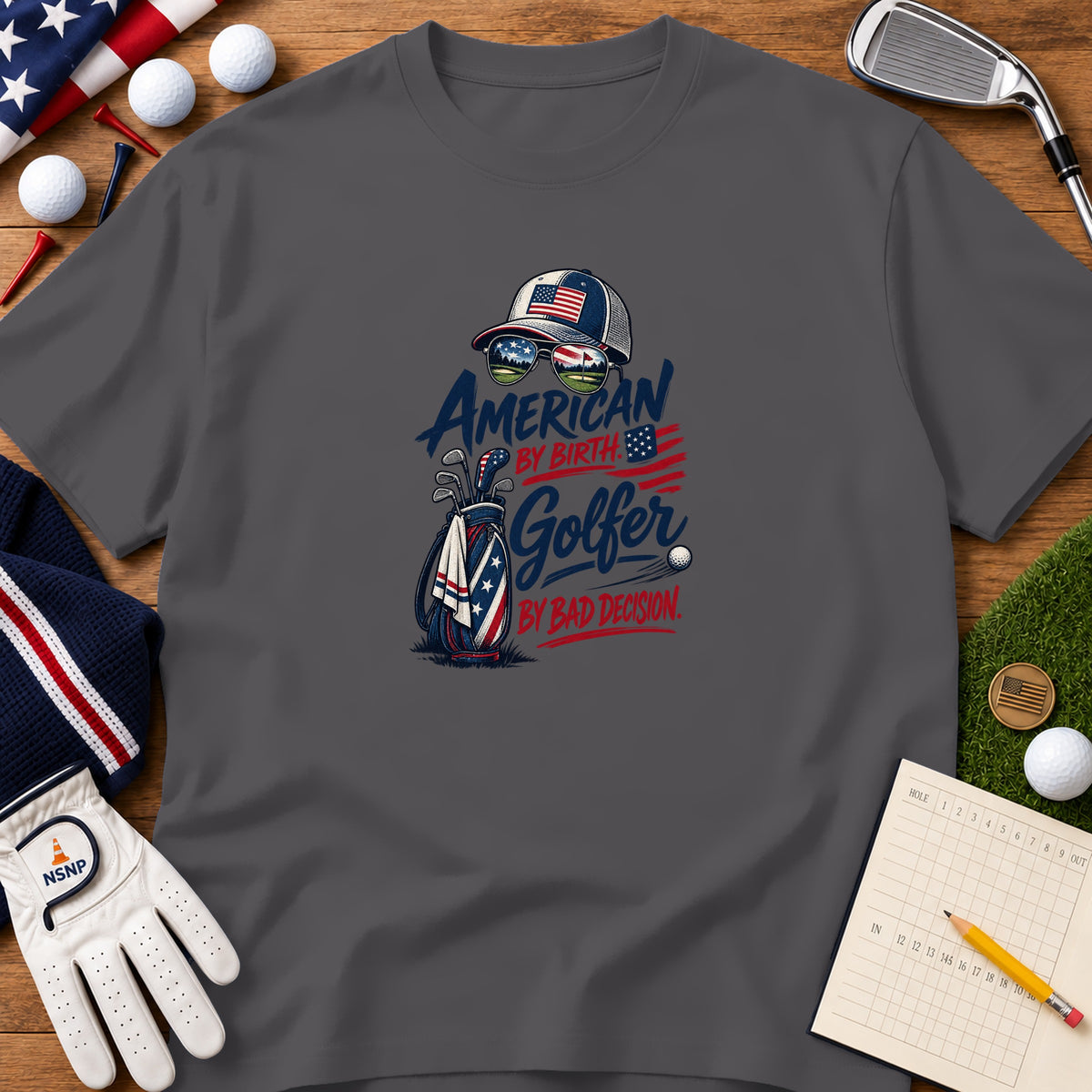 Dark gray t-shirt featuring a patriotic golf graphic, surrounded by golf balls, tees, and accessories on wood.