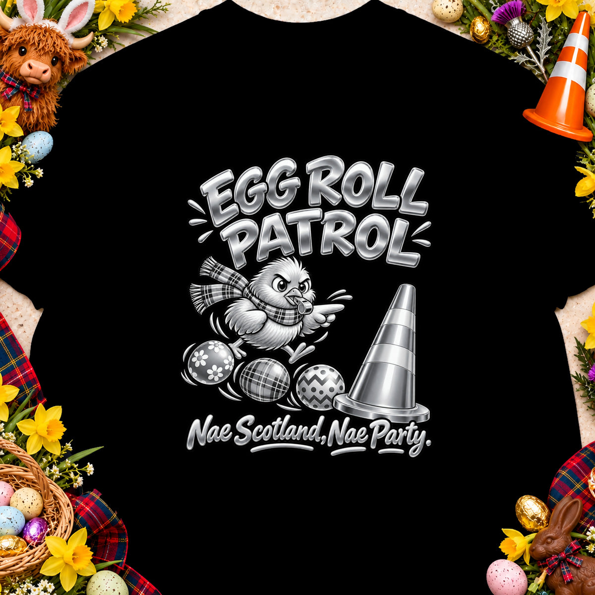 Chick wearing scarf races with Easter eggs and a cone, "Egg Roll Patrol" text.