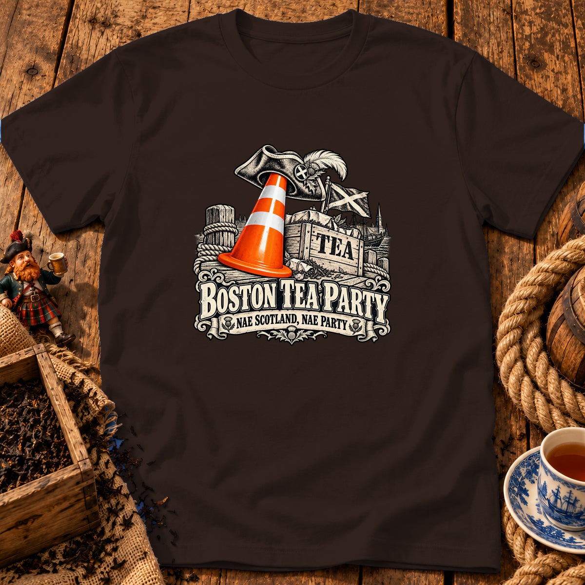 A dark brown t-shirt featuring a Boston Tea Party graphic with a traffic cone and Scottish elements.