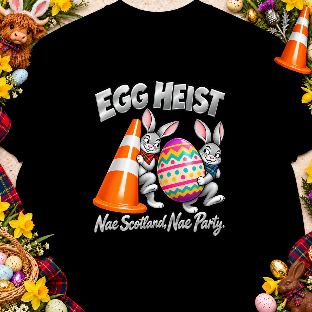 Two cartoon rabbits hold a traffic cone and an Easter egg with "Egg Heist" text.