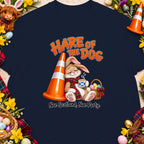 A bunny with a Scottish flag mug leans on a traffic cone with "Hare of the Dog" text.
