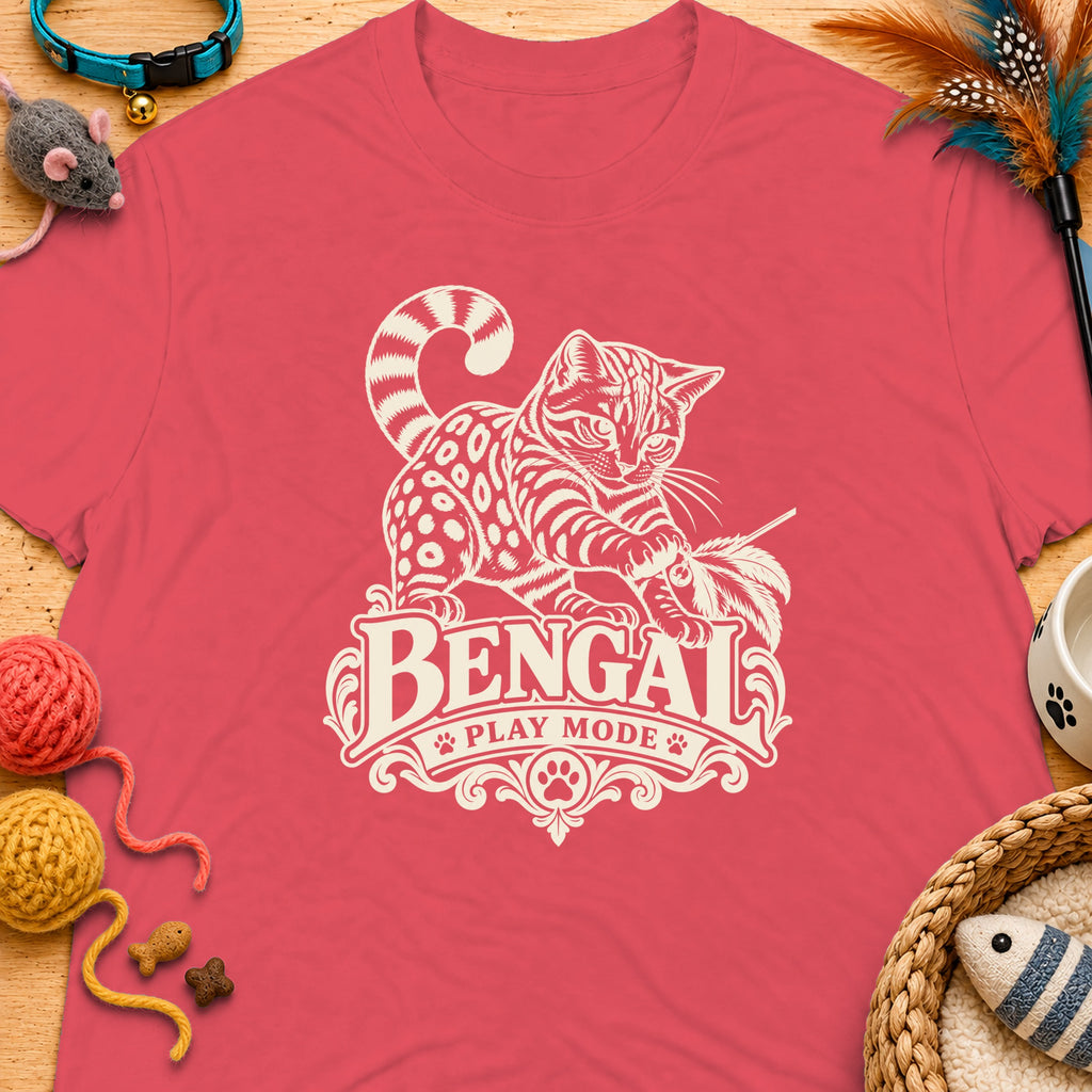 Bengal cat graphic with text "BENGAL PLAY MODE" on a pink t-shirt.