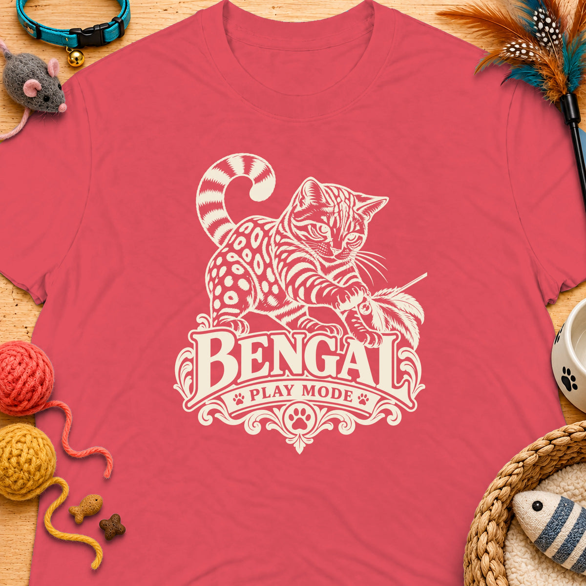 Bengal cat graphic with text "BENGAL PLAY MODE" on a pink t-shirt.