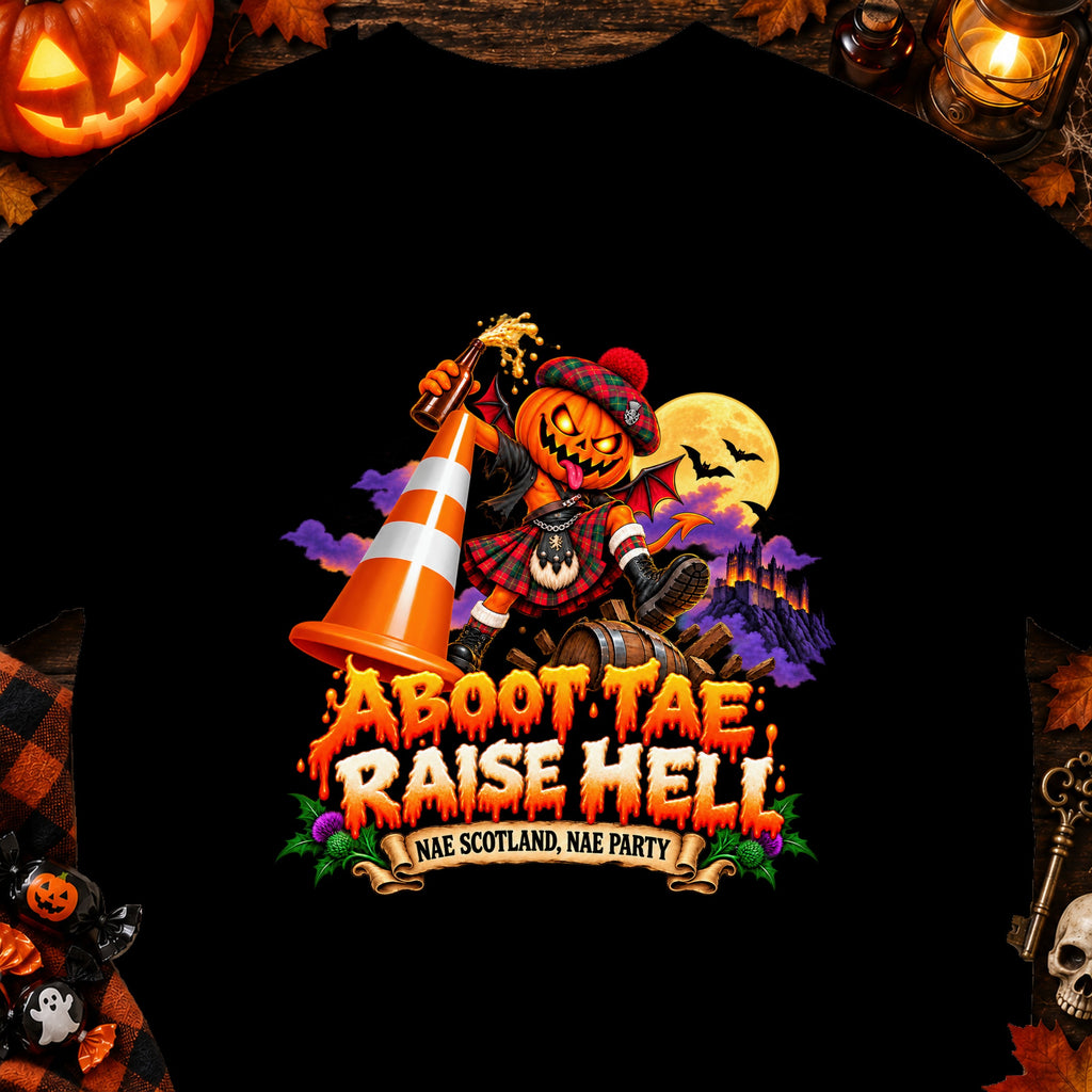 Halloween pumpkin character in kilt drinks from cone, "Aboot Tae Raise Hell" text.
